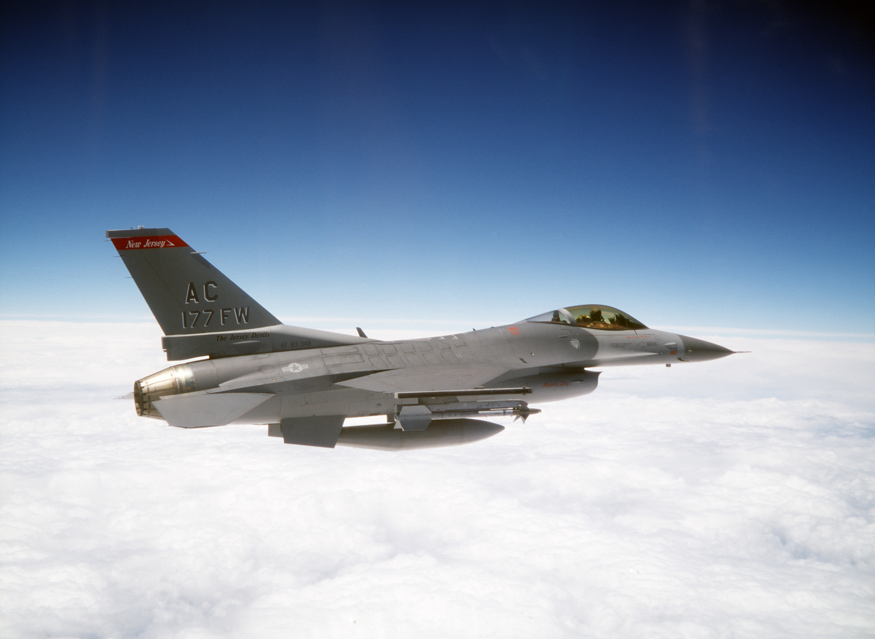 A F-16 Fighting Falcon similar to this example from the 177th Fighter Wing will be flying a sprited demonstration routine at Wings Over Houston. The F-16 will be coming from the 138th FW in Tulsa, Oklahoma. (U.S. Air Force photo by MSgt. Don Taggart)
