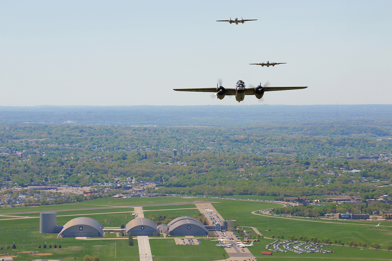 Vintage B-25 Mitchell bombers fly over the National Museum of the U.S. Air Force at Wright-Patterson Air Force Base, Ohio, during a memorial flight honoring the Doolittle Tokyo Raiders on April 18, 2010.  The 68th Doolittle Raiders’ reunion commemorates the anniversary of the Doolittle Tokyo Raid.  On April 18, 1942, U.S. Army Air Forces Lt. Col. Jimmy Doolittle’s squad of 16 B-25 Mitchell aircraft bombed Japanese targets in response to the attack on Pearl Harbor. (U.S. Air Force photo/Tech. Sgt. Jacob N. Bailey)