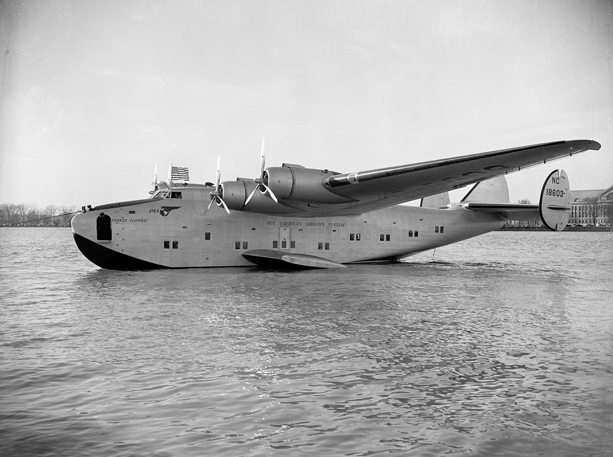 The Pan American World Airways Boeing 314 Yankee Clipper (serial NC18603), circa 1939. This aircraft started the Transatlantic mail service. It crashed in Lisbon, Portugal, on 22 February 1943 and was written off. (photo via Wikipedia)