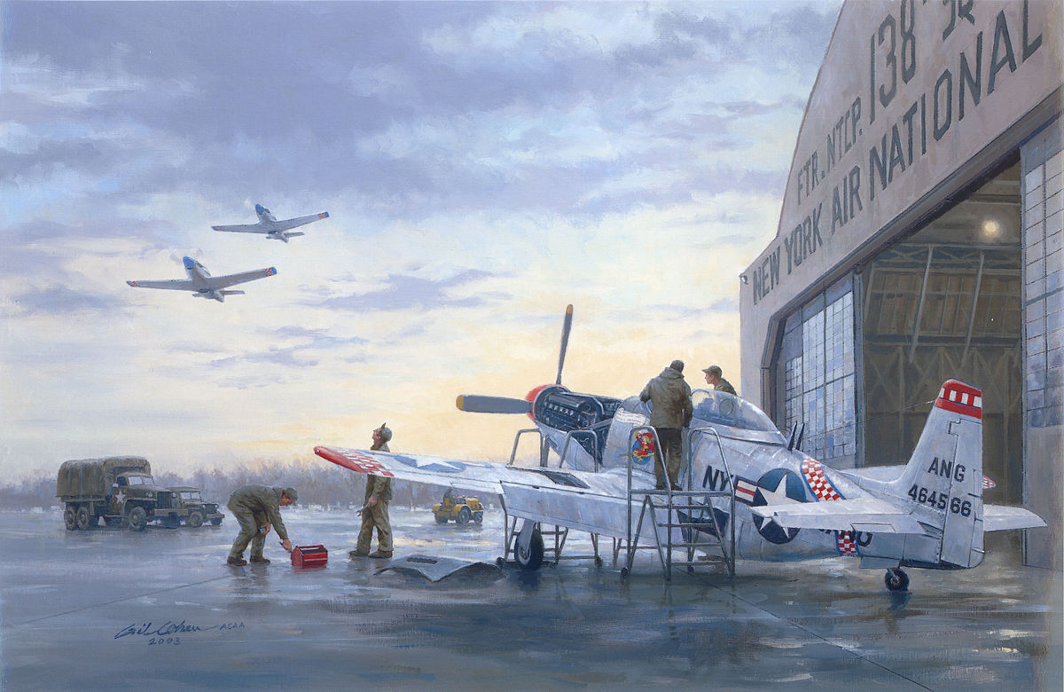 F-51H Mustang fighters from the 136th Fighter Squadron, 107th Fighter Group, New York Air National Guard, on alert, 1953 (Gil Cohen, Runway Alert, National Guard Heritage Painting.)