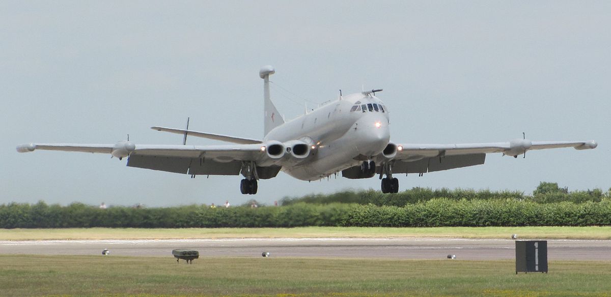 One of the three Nimrod R1s which served in the RAF coming in to land at RAF Waddington in 2010. (photo by Dan Davison via Wikipedia)