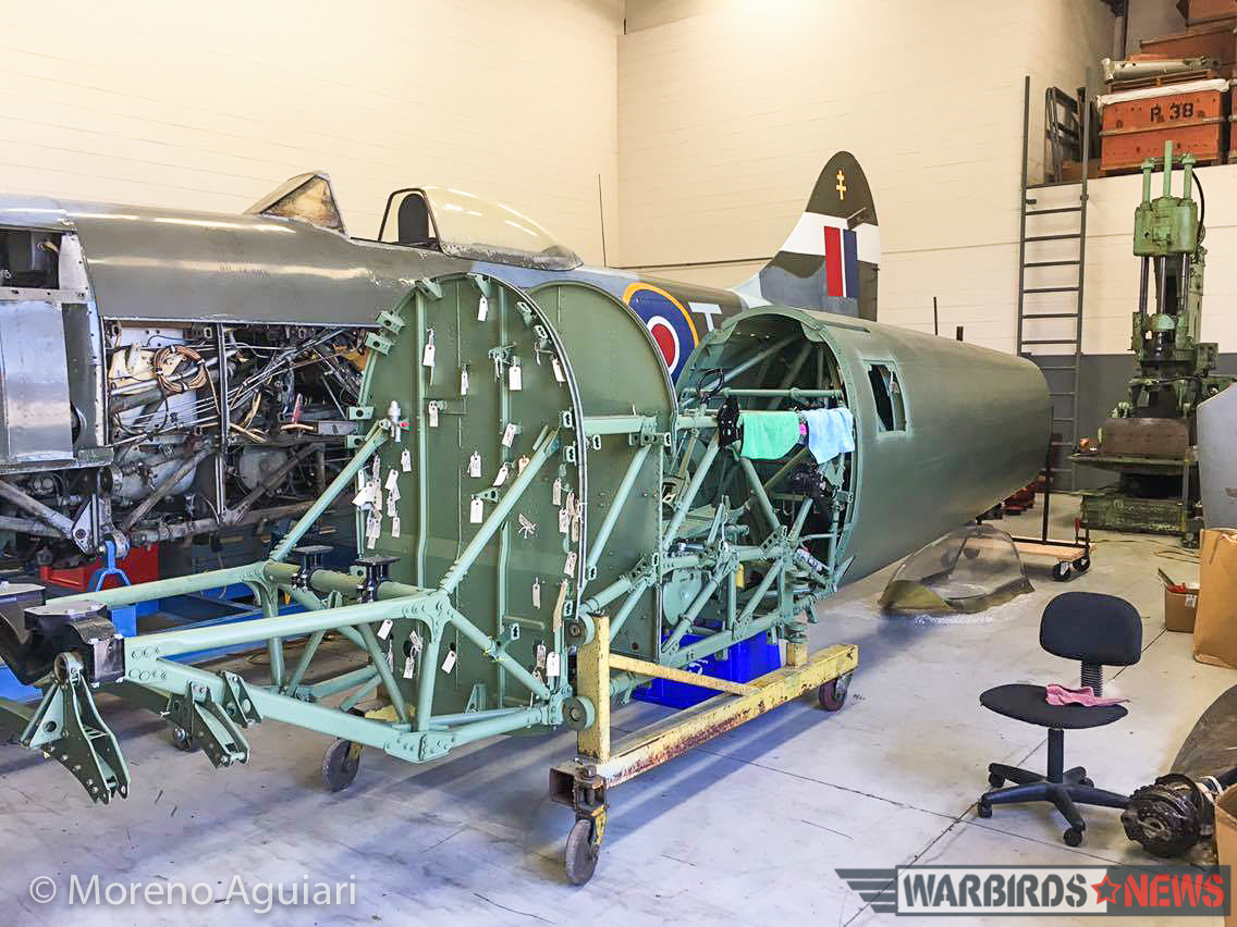 A closer view of the partially re-assembled Tempest V, EJ693. Restoration magician, Andy Salter, is already hip deep into the restoration of this gem.  (photo by Moreno Aguiari)