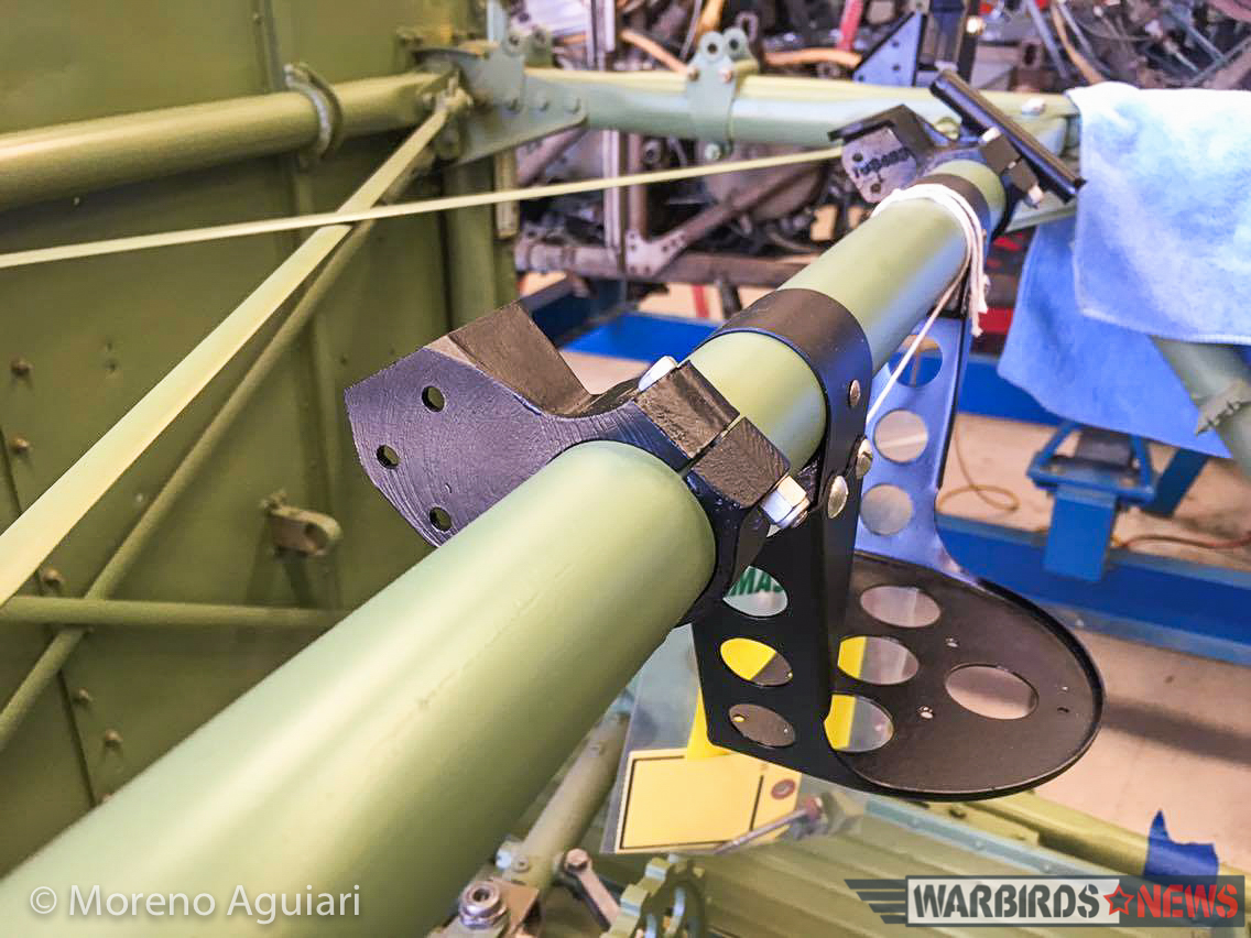 The grey-green painted steel tubing that makes up the Tempest V's fuselage truss. This is from the cockpit section of EJ693, and while it looks perfect, it will all need to be stripped, corrosion-proofed, and repainted... in black, like the original. (photo by Moreno Aguiari)