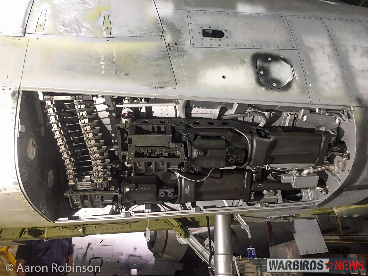 The newly-installed 20mm cannons in one of the F-100's two munitions bays. (photo by Aaron Robinson)