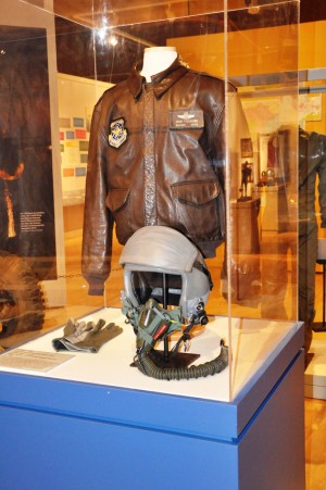 The flying jacket and helmet used by Maj. Gen. John Fenimore, a commander of the 109th Airlift Wing, which flies missions to Antarctica, and later the adjutant general of New York from1995 to 2001, is among the exhibits in "Ever Upward: The History of the New York Air National Guard" show which opened at the New York State Military Museum in Saratoga Springs, N.Y., on Friday, Nov. 20. The exhibit includes photographs and artifacts to tell the story of the 5,600-member New York Air National Guard, the largest in the United States. The museum is managed by the New York State Divison of Military and Naval Affairs. (U.S. Army National Guard photo by Sgt. Major Corine Lombardo/Released)