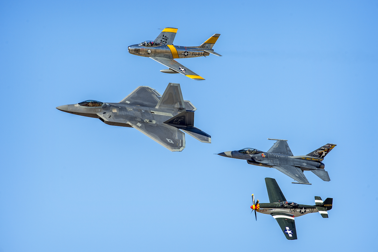 Four generations and over 70 years of U.S. Army Air Corps / U.S. Air Force air superiority, and the technological leaps that maintained it, are represented by a single formation of an F-22 Raptor, F-86 Sabre, F-16 Fighting Falcon and a P-51D Mustang during the Heritage Flight Training Course at Davis-Monthan AFB, Tucson, Ariz., Mar 5, 2016. (U.S. Air Force photo by J.M. Eddins Jr.)