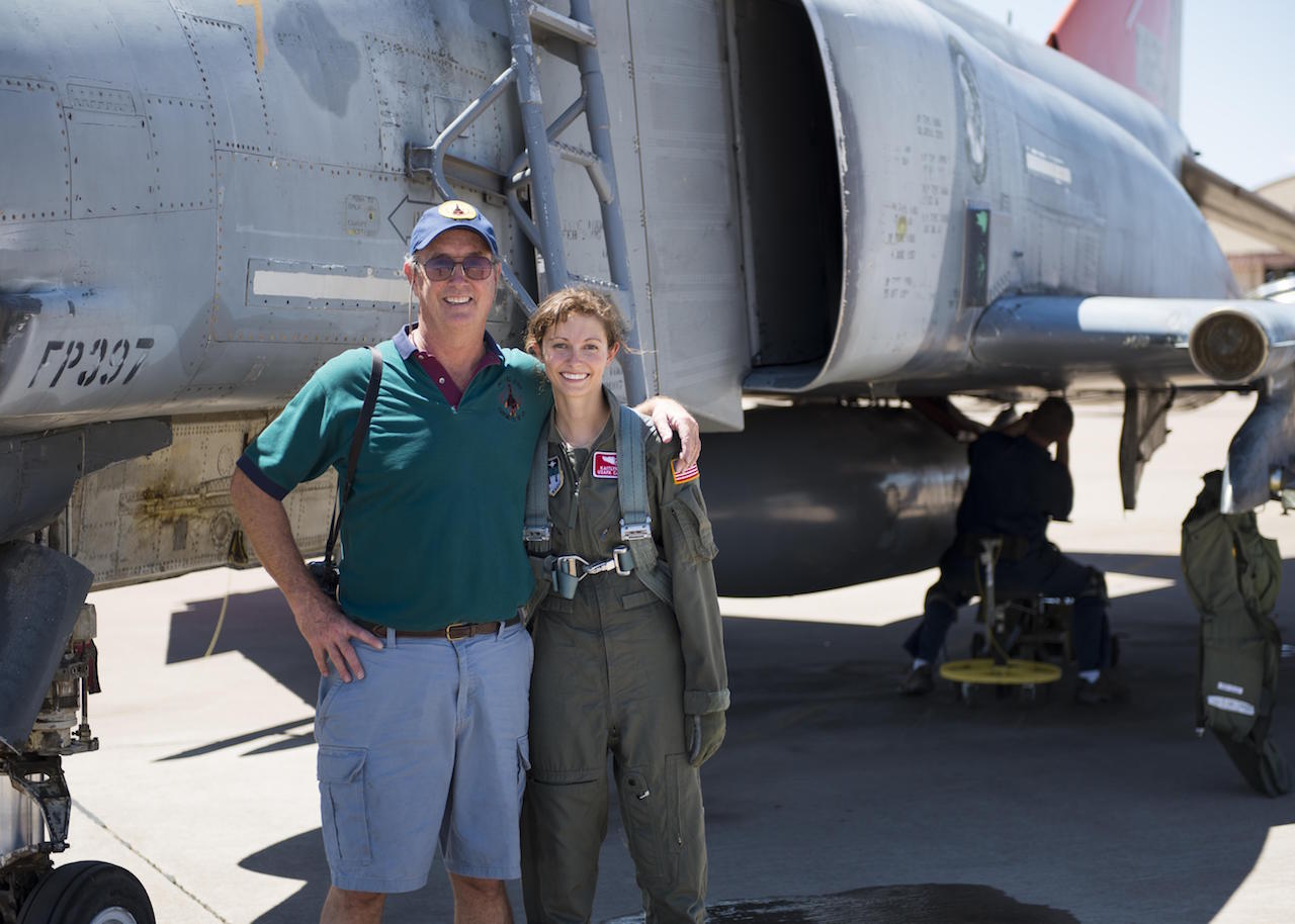 Retired Col. David and his daughter, Cadet 2nd Class Kaitlyn, stand next to an F-4 Phantom on July 12, 2016 at Holloman Air Force Base, N.M. Kaitlyn flew with Lt. Col. Ronald King, the commander of Detachment 1, the same detachment her father commanded from 1992-1994.