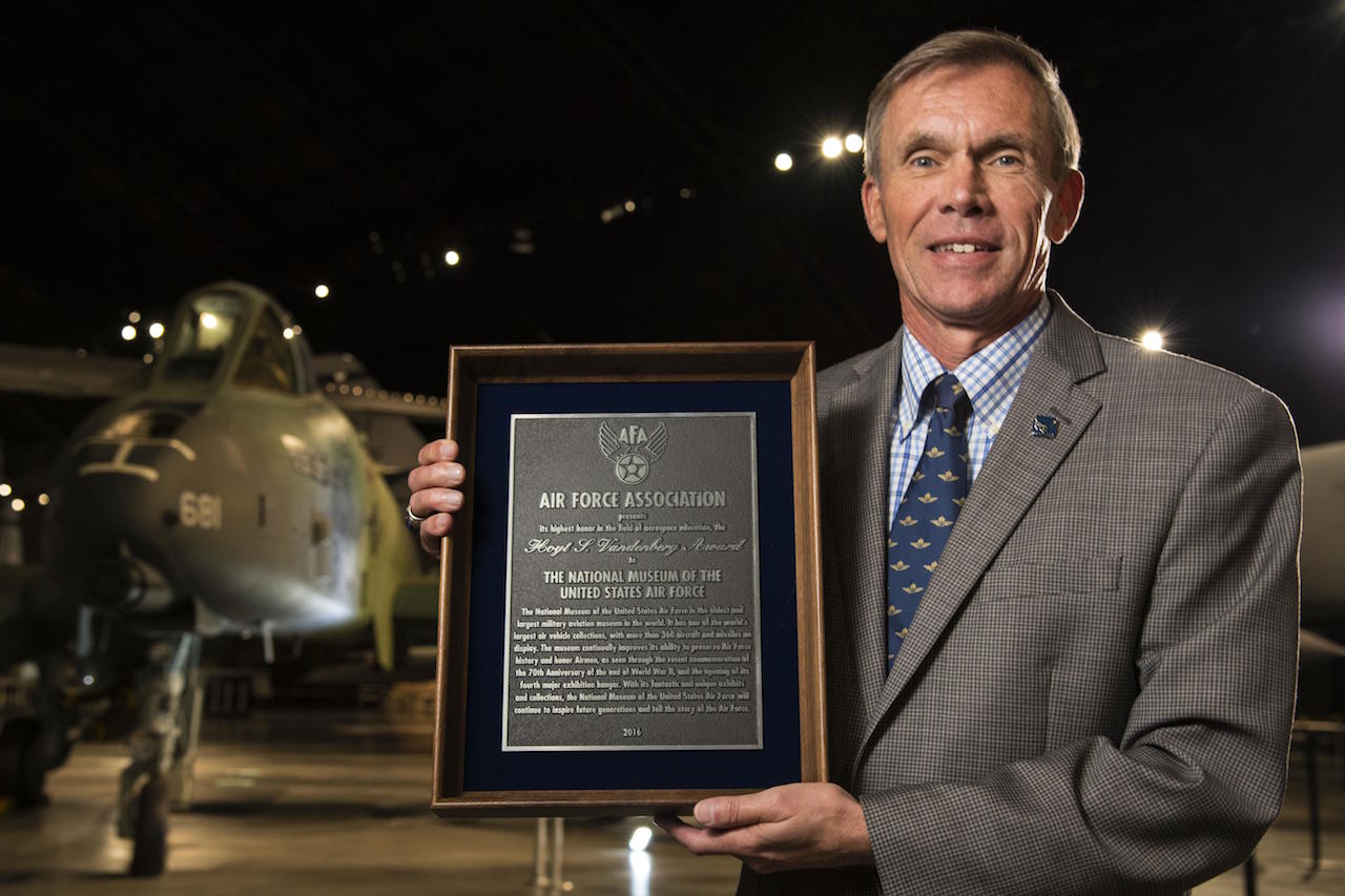 Director of the National Museum of the U.S. Air Force, Lt. Gen.(Ret.) Jack Hudson holds the Hoyt S. Vandenberg Award which was presented by the Air Force Association in September 2016. (U.S. Air Force photo)