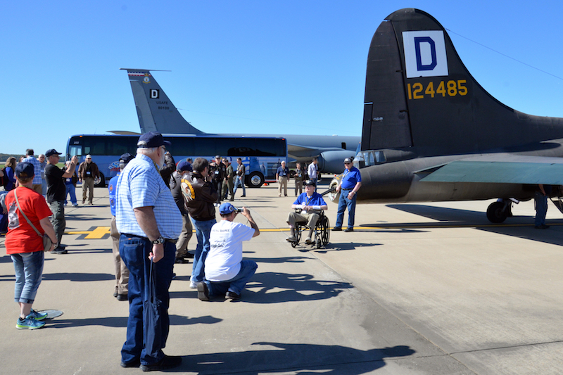Members of the 100th Bomb Group Foundation inspect a B-17 Flying Fortress and KC-135 Stratotanker on static display at Washington Dulles International Airport, Va., Oct. 19, 2017. The foundation hosted a reunion for members of the original 100th Bombardment Group from World War II. (U.S. Air Force photo/Tech. Sgt. David Dobrydney)