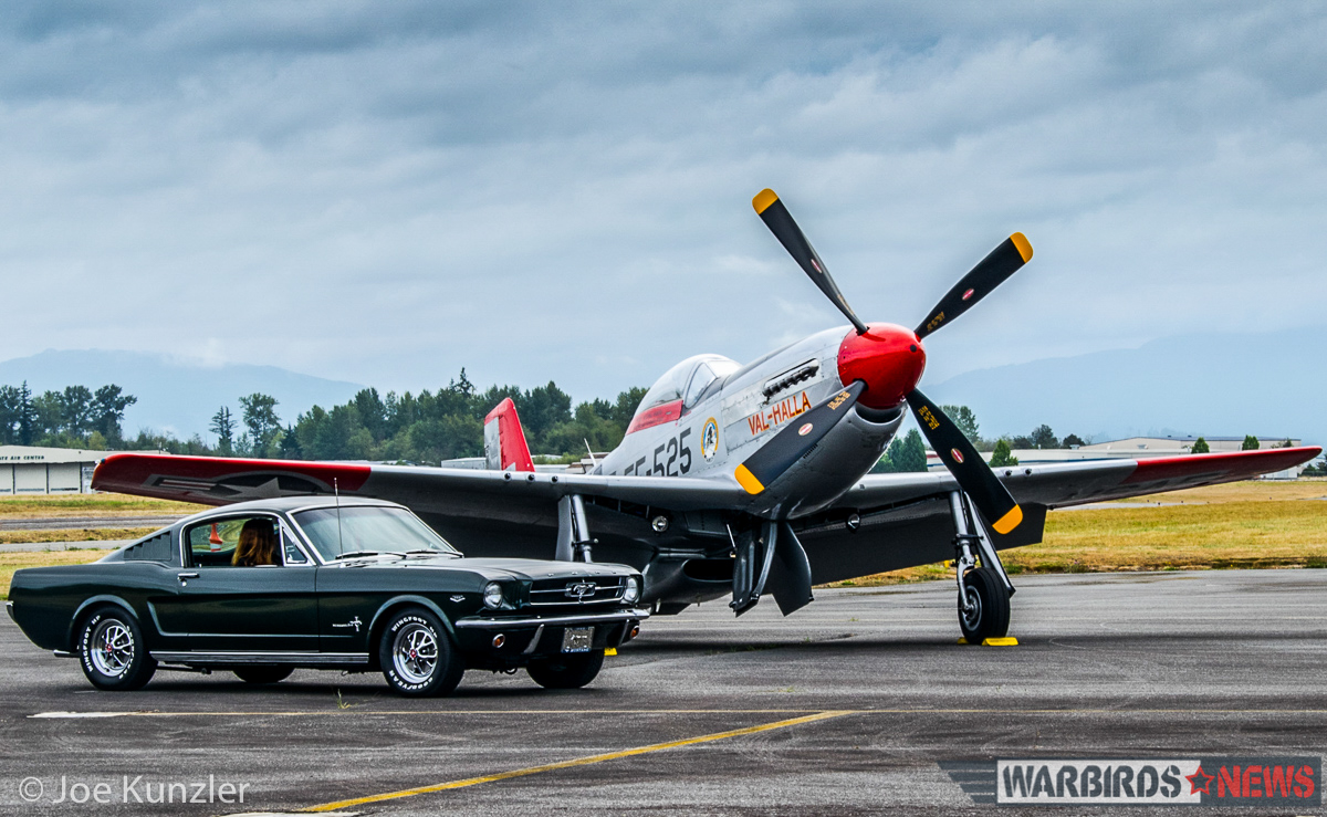 A 1965 Ford Mustang and the museum's 1945 North American P-51D Mustang will be part of next month's Mustangs event. (photo by Joe Kunzler)