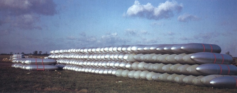 Paper tanks are bright aluminum colored, metal tanks are grey in this shot from wartime.