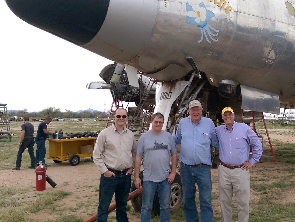 The key players behind resurrecting Columbine II - (from left to right) - David Oliver, former Dynamic Aviation pilot, currently Commemorative Air Force Squadron Operations Officer and Fifi captain; Scott Glover, Mid America Flight Museum; Karl Stoltzfus Sr., Dynamic Aviation founder and much more; and Neils Agather, CAF Board Chairman. (photo via Dynamic Aviation)