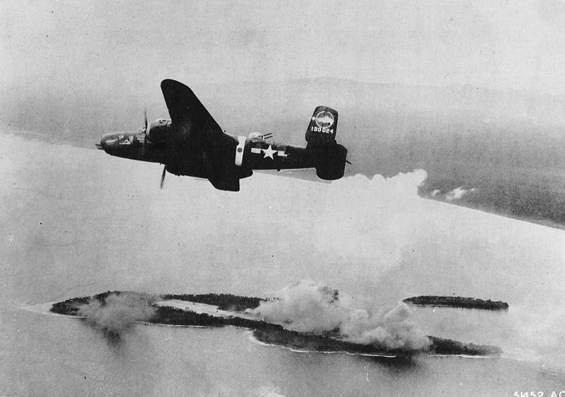 North American B-25D-5-NA Mitchell s/n 41-30024 500th Bomb Squadron "Rough Raiders", 345th Bomb Group "Air Apaches". Over Wakde Island on May 11,1944. (USAAF photo via Wikipedia)
