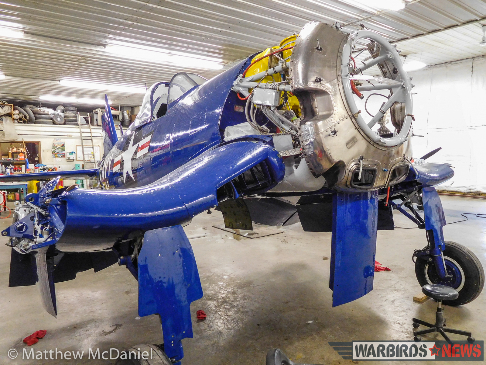 While Corsair 97388 looks sad without its wings or engine, the work being done is just a touch-up to refresh the extensive restoration originally completed by Gerry Beck 18 years ago. All systems and components are being thoroughly checked for its return to regular flight status. It will be reunited with its wings, engine, and control surfaces very soon. (photo by Matthew McDaniel)