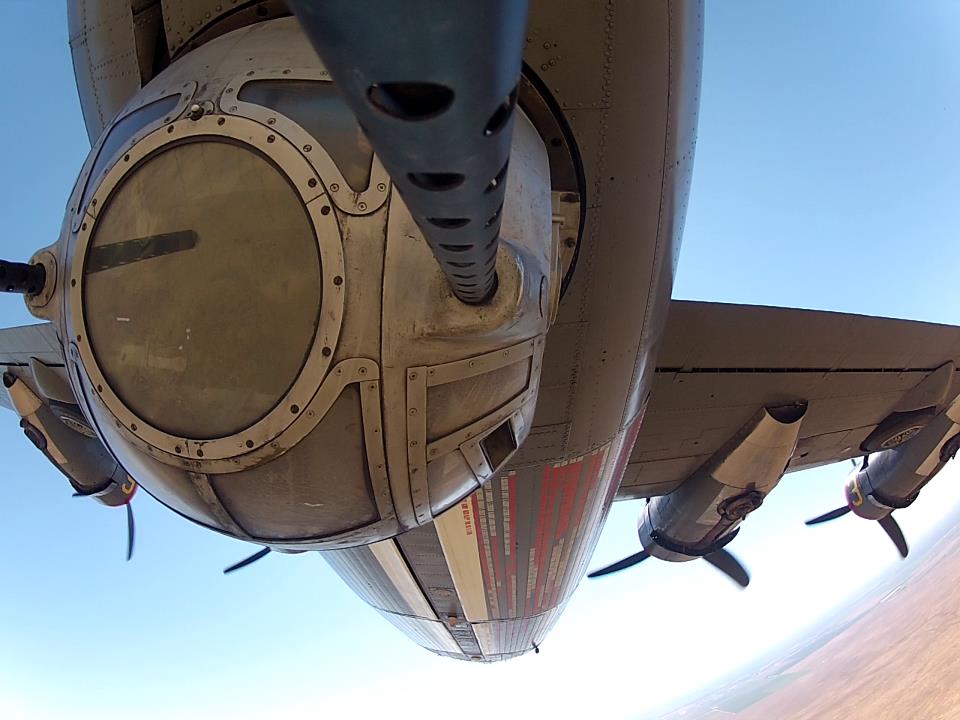A breathtaking mid-flight view of the ball turret belonging to the Collings Foundation's B-24J Liberator known as 'Witchcraft" (photo via Collings Foundation)