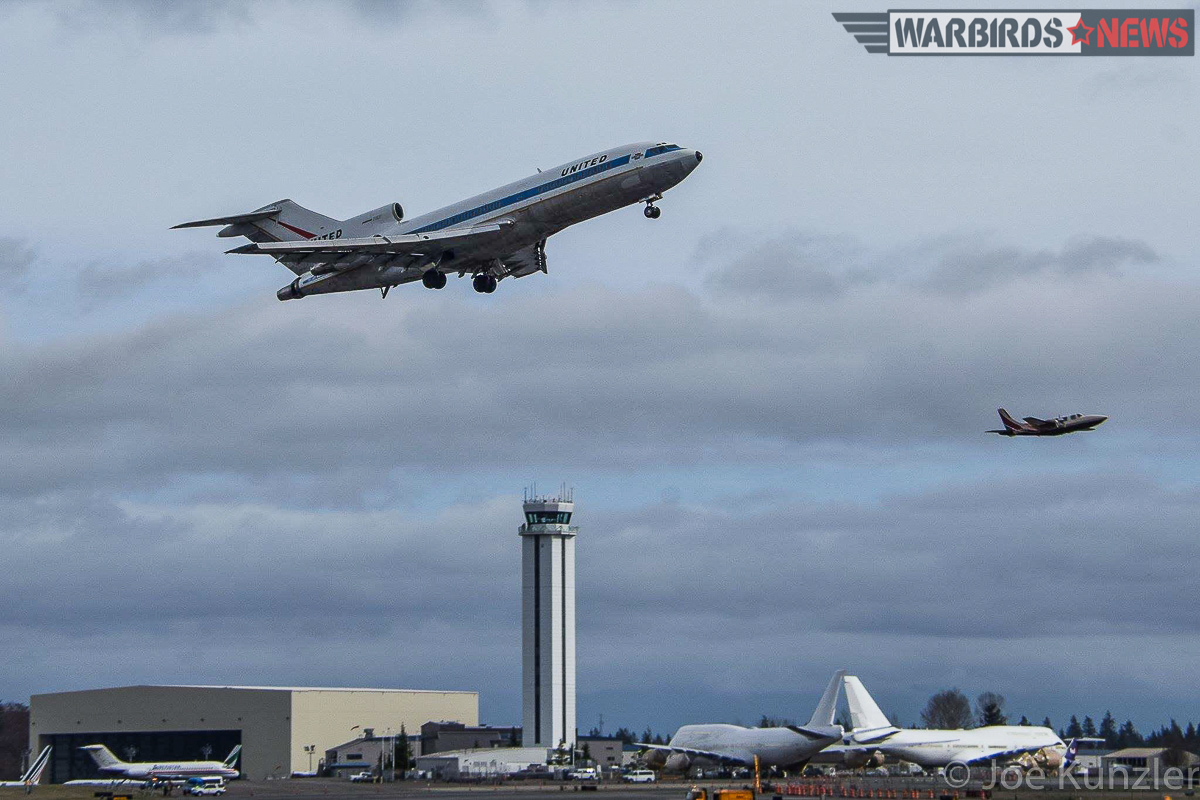 The Boeing 727 Prototype taking of from pain Field for her final flight. The former P-51 race-pilot and hydroplane champion Chuck Lyford and photographer Jim Larsen are in the Piper Aerostar chase plane. ( Photo by Joe Kunzler) #727finalflight
