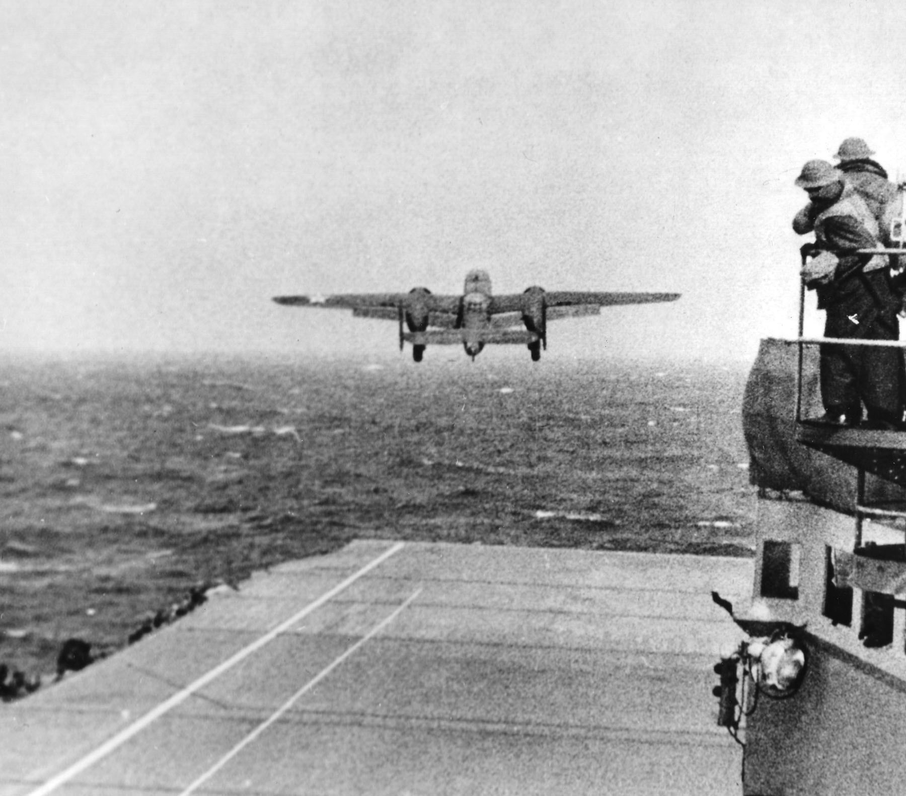 Taken from the deck of the U.S.S. Hornet (CU-8) of a B-25 bomber on its way to take part in the first U.S. air raid on Japan.