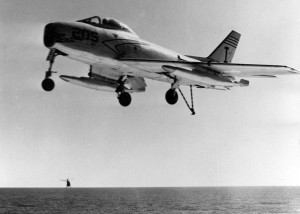 A U.S. Navy North American FJ-3 Fury from Fighter Squadron VF-21 Mach Busters approaches the deck the USS Forrestal (CVA-59)in 1956.U.S. Navy National Museum of Naval Aviation photo No. 1996.253.7226.004 ( Source Wikipedia)