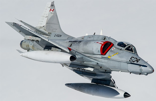 Discovery Air Defence operates a fleet of modified A-4N and TA-4J Jet aircraft in the airborne training services role. All A-4 aircraft have ESCAPAC 1G-3 ejection seat systems. ( photo via Air Tattoo)