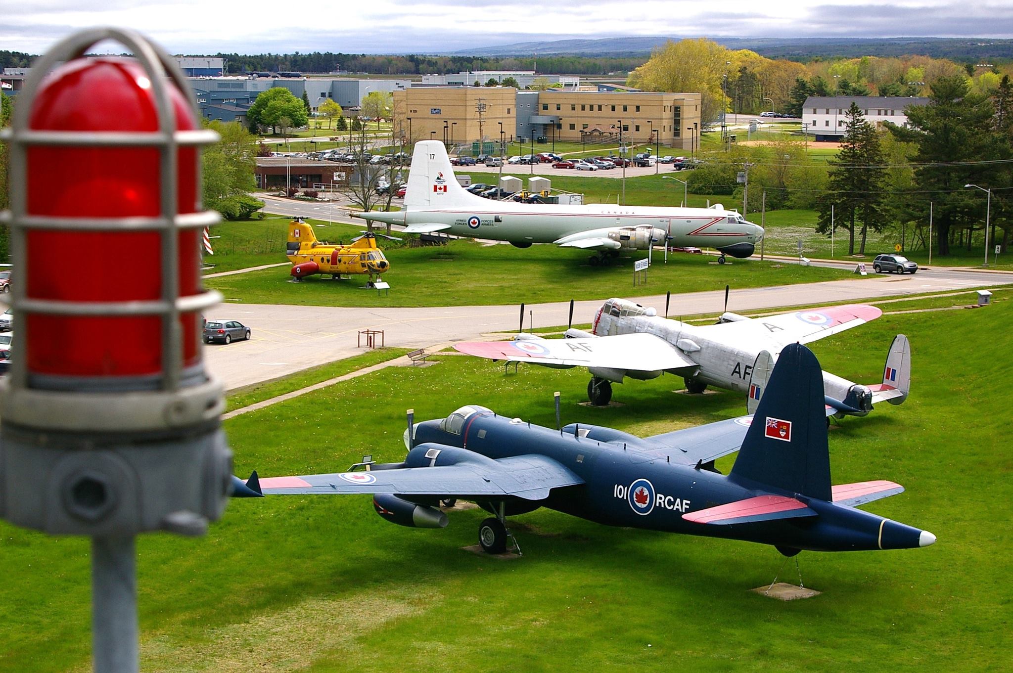 A view of the air park at Greenwood Military Aviation Museum from the WW II observation tower adjacent to the Air Park. (Malcolm Uhlman photo)
