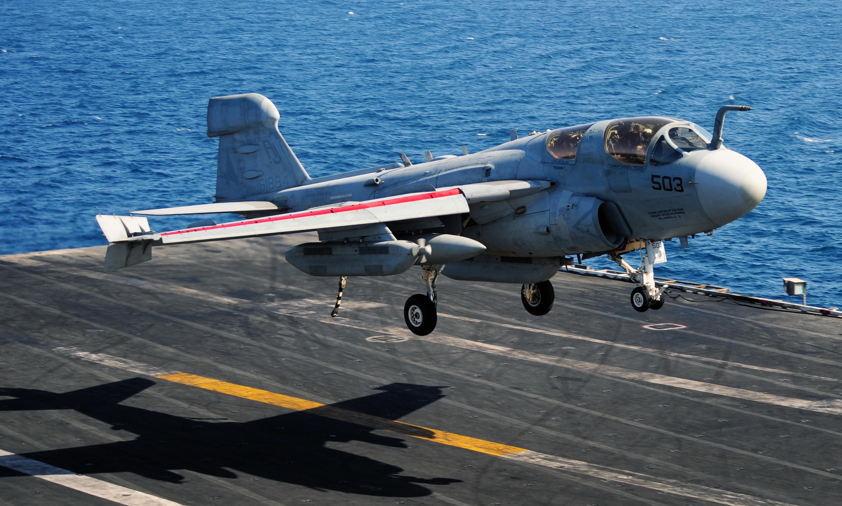 An EA-6B Prowler from VAQ-134 Garudas landing aboard the USS George H.W. Bush during the squadron's final operational Prowler tour last year. A Prowler from VAQ-134 will be joining the Museum of Flight's collection on May 27th. (U.S. Navy photo by Mass Communication Specialist 3rd Class Joshua Card/Released)