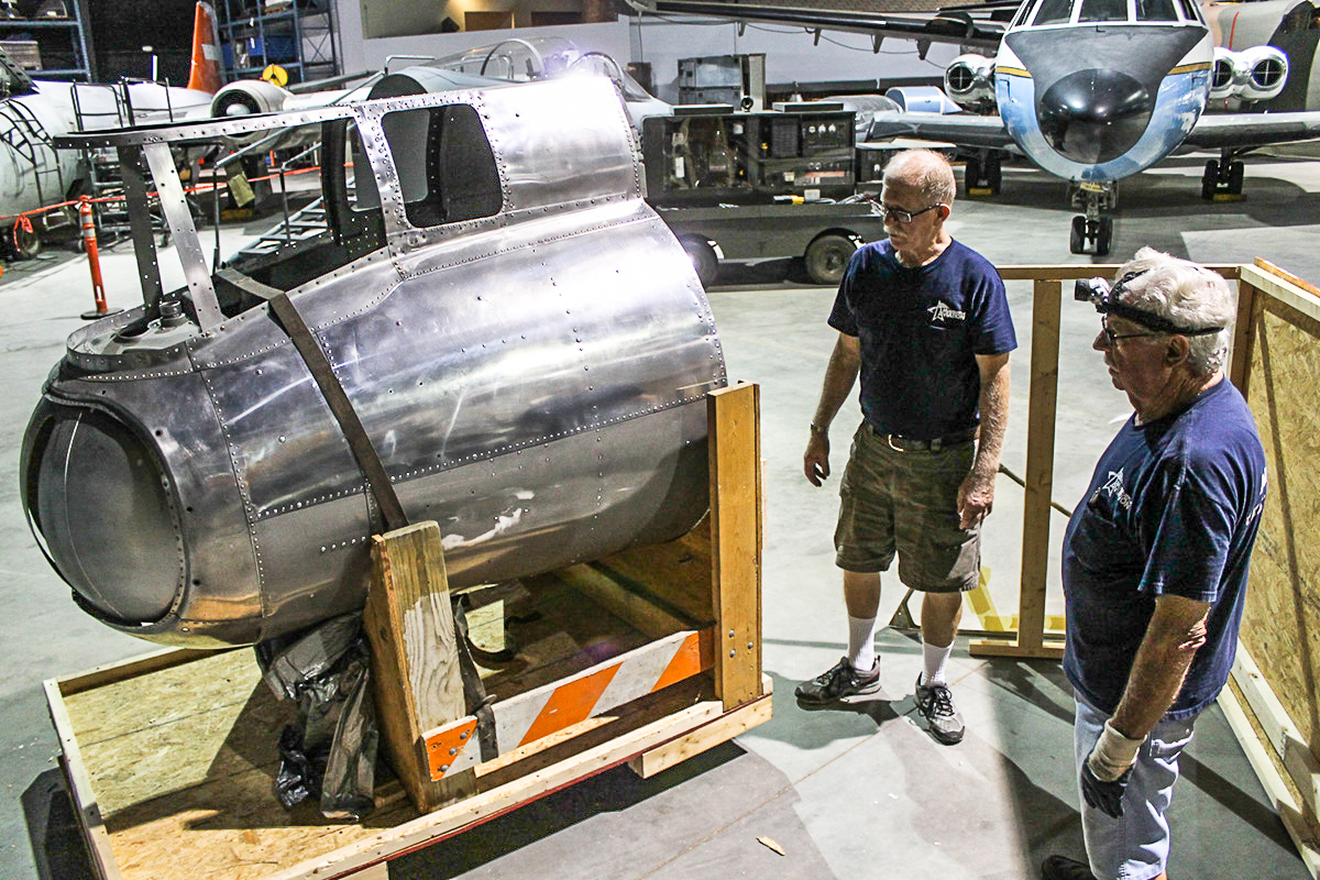 Un-crating the B-17's tail gunner position in late July. The main fuselage is set to arrive at the Museum of Aviation in Warner Robins, Georgia later this week. (photo via Museum of Aviation)