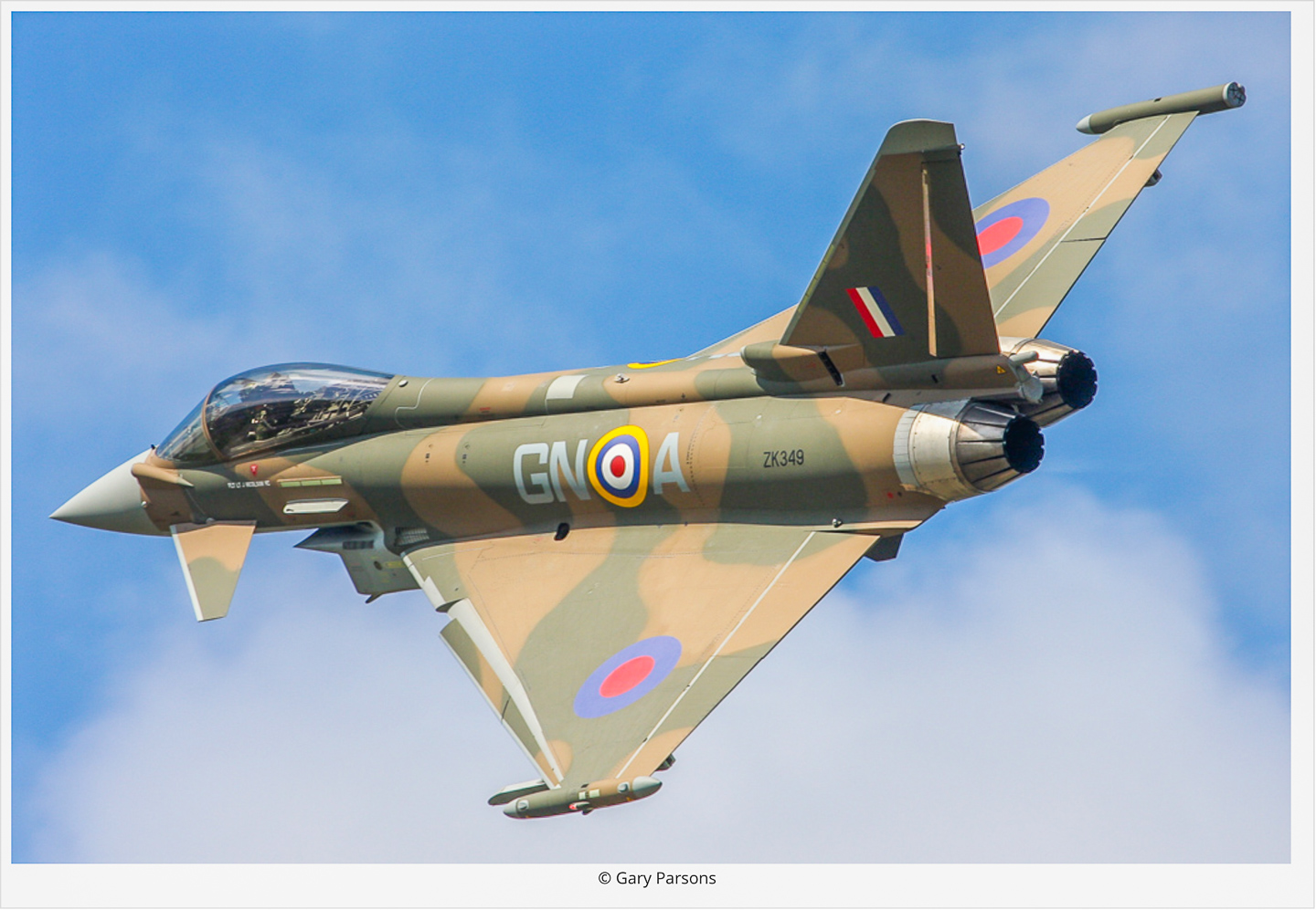 The 29(R) Squadron Typhoon II painted to represent James Nicolson’s Hawker Hurricane from his Victoria Cross-winning combat during the Battle of Britain. (photo by Gary Parsons via Global Aviation Resource)