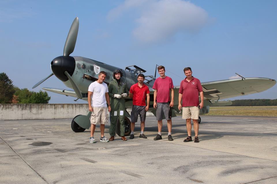 The principals behind the first flight,left to right Achim Meier, Charlie Brown (pilot), Oleg, Erik Meier  and Elmar Meier. (photo Meier Motors via Jerry Yagen)