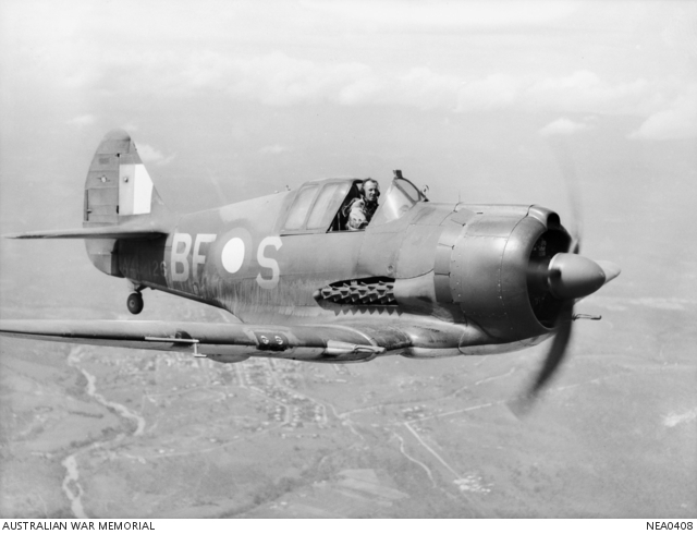 Mareeba, Qld. 1944-03-15. "White Feller's Boomerang" in flight. An Australian-built CAC Boomerang fighter aircraft coded BF-S (serial no. A46-126) nicknamed "Sinbad II" of No. 5 (Tactical Reconnaissance) Squadron RAAF, piloted by 402769 Flight Lieutenant A. W. B. Clare of Newcastle, NSW. (photo via wikipedia)