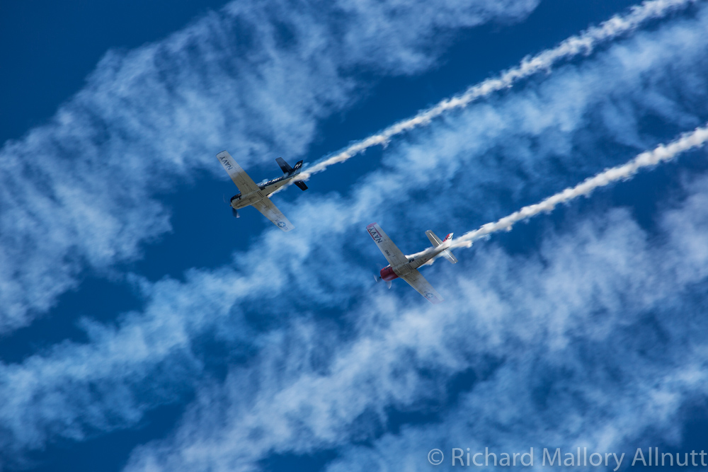 The Trojan pair flying through the cast-off smoke of the Texan flypast. (photo by Richard Mallory Allnutt)