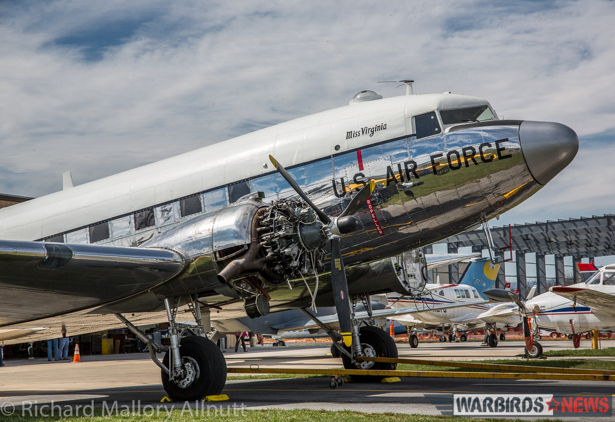 Dynamic Aviation's other warbird undergoing work at Bridgewater, their C-47 Miss Virginia. The aircraft flies to various air shows each year, and is maintained in pristine condition. One can imagine how beautiful Columbine II will look when presented in a similar fine finish in a few years time. (photo by Richard Mallory Allnutt)