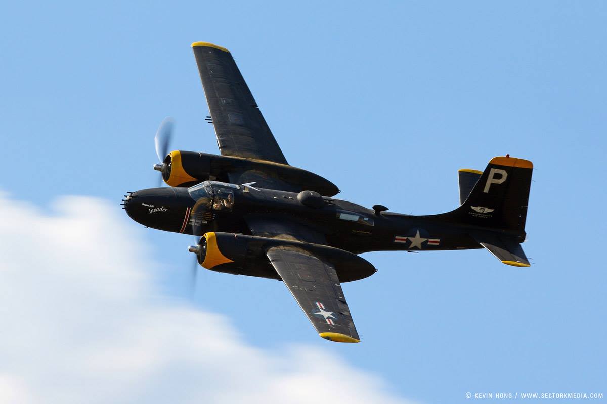 CAF A-26 Invader Squadron's A-26B in a high speed pass. (photo via A-26 Invader Squadron)