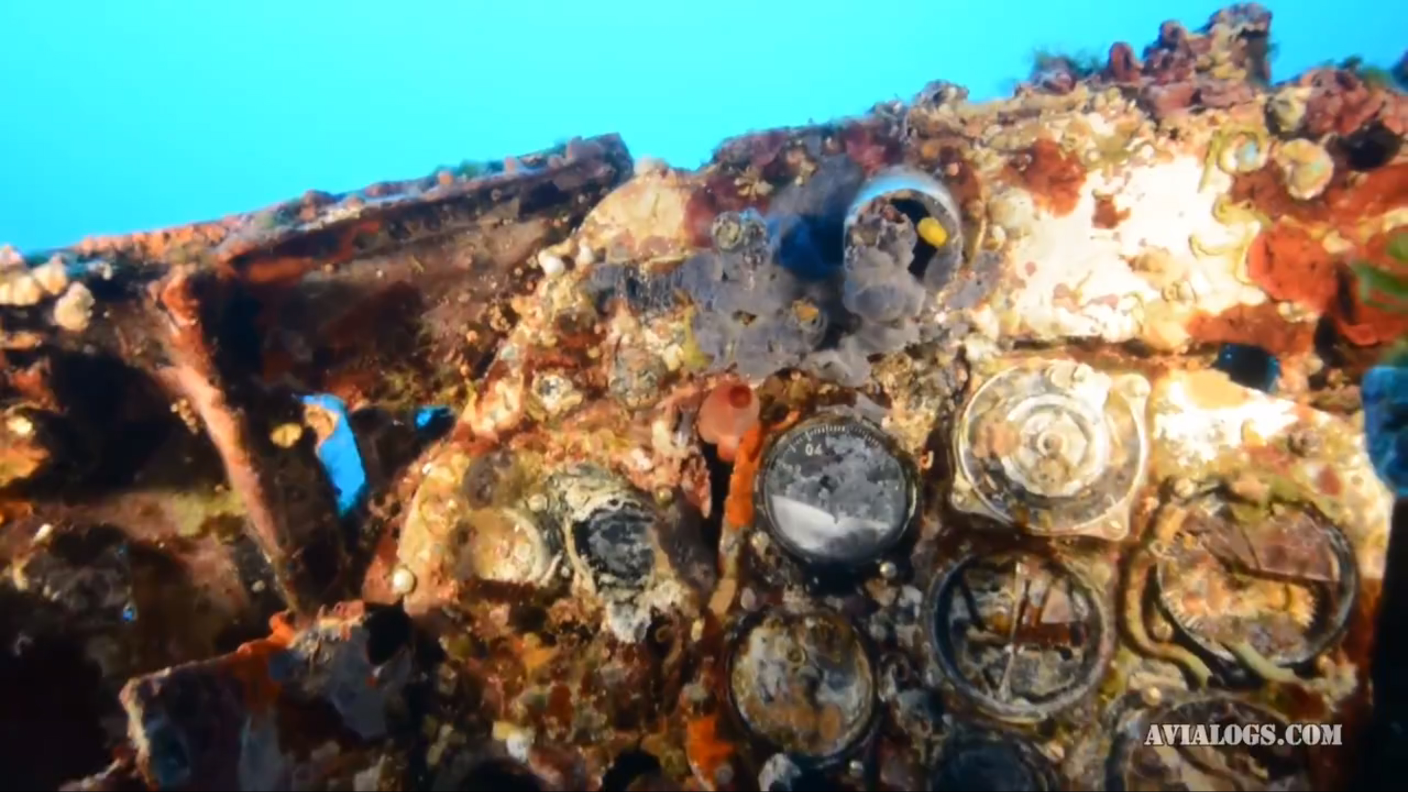 Part of the Stuka's control panel, showing some surprisingly intact instruments. (video capture as noted earlier)