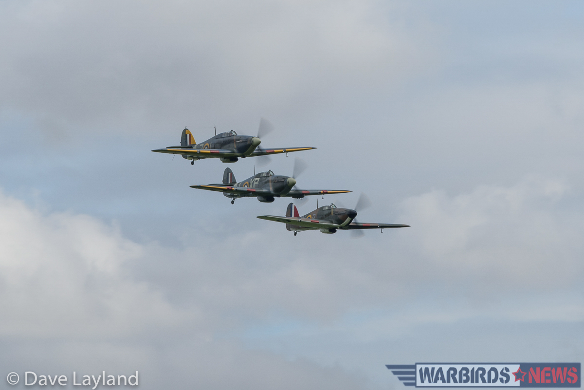 Three Hurricanes tuvk in close for a formation flypast. (photo by Dave Layland)