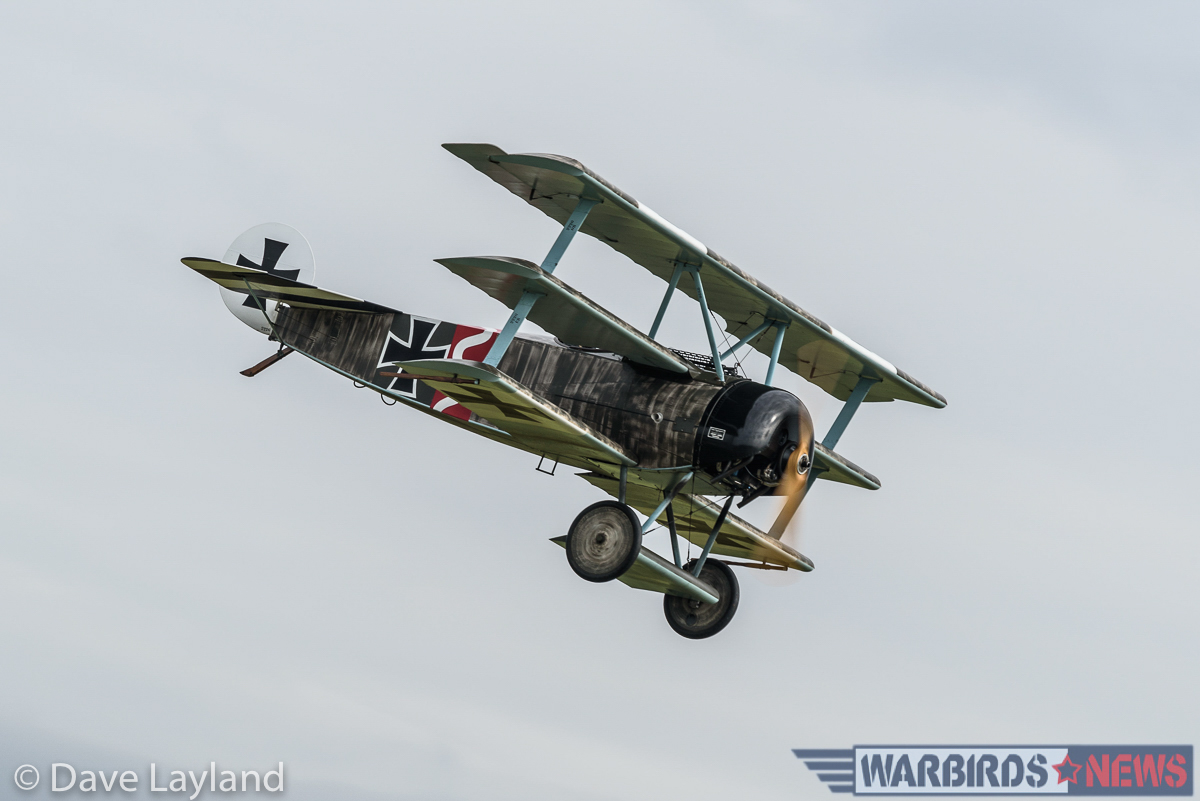 Great War Display Team's Fokker Dr.I approaching to land. (photo by Dave Layland)