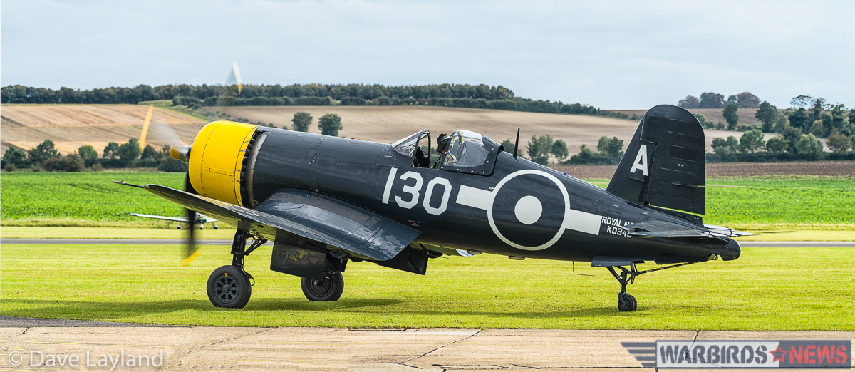 The Fighter Collections FG-1D Corsair taxies out for take off. The aircraft is marked to represent a Corsair IV of the Royal Navy's Fleet Air Arm. The real KD345 flew with 1850 Squadron aboard HMS Vengeance, though never saw combat. (photo by Dave Layland)