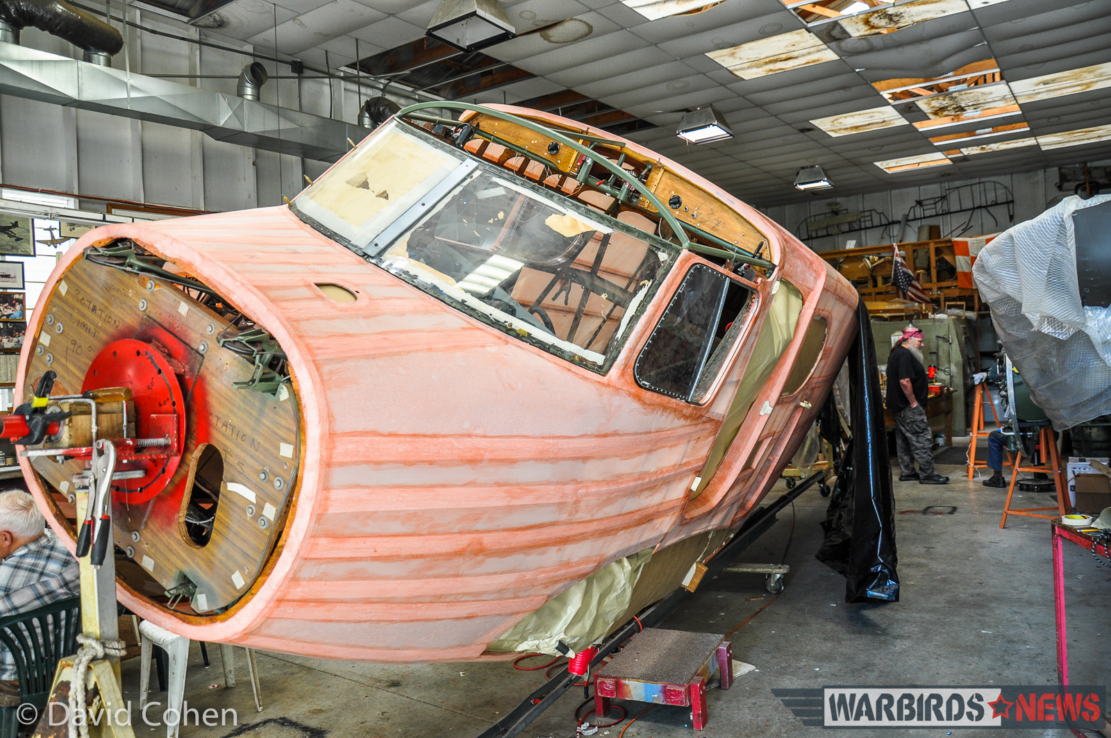 The Bobcat's freshly fabric-covered fuselage on the rotisserie restoration stand at Fawn Grove. (Photo by David Cohen)