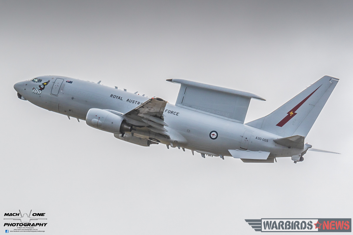 A Boeing E-7A Wedgetail departing from RAAF Williamtown to make a flypast during the parade. (Photo by Matt Savage/Mach One Photography)