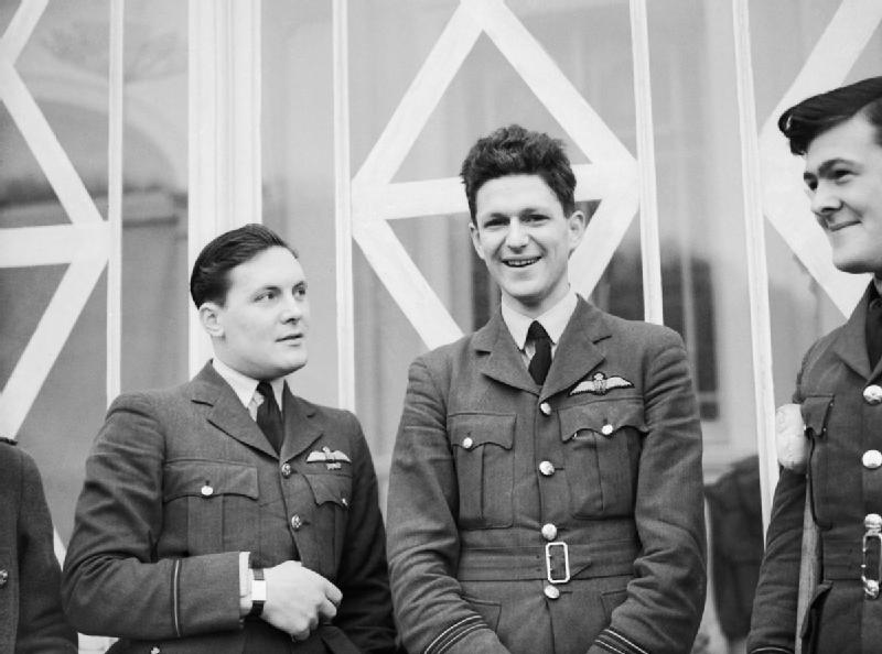 Eric Brindley 'James' Nicholson (center) at the convalescent hospital, well on his way to recovery following his harrowing ordeal over England in the Battle of Britain. (photo Imperial War Museum via Wikipedia)