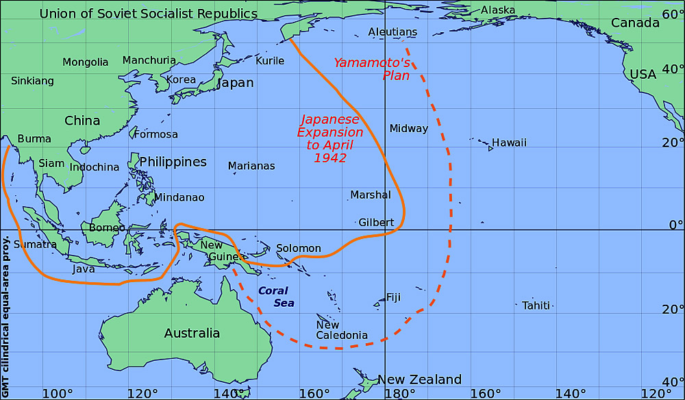 A map showing Japan's control over the Pacific leading into the Battle of Midway. Had they prevailed, Japan could have controlled further eastward (to the dashed line). The U.S. victor at Midway, kept the eastern Pacific under Allied control and shielded the Hawaiian Islands from further attack.