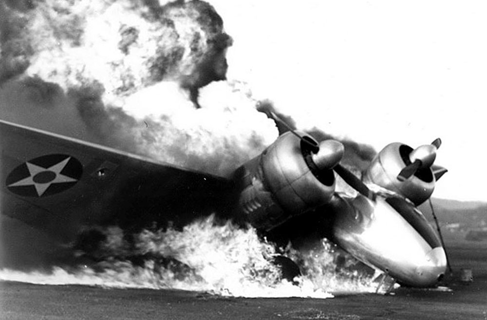 A Lockheed JO-2 Electra Junior burning at Ewa during the Pearl Harbor attack.
