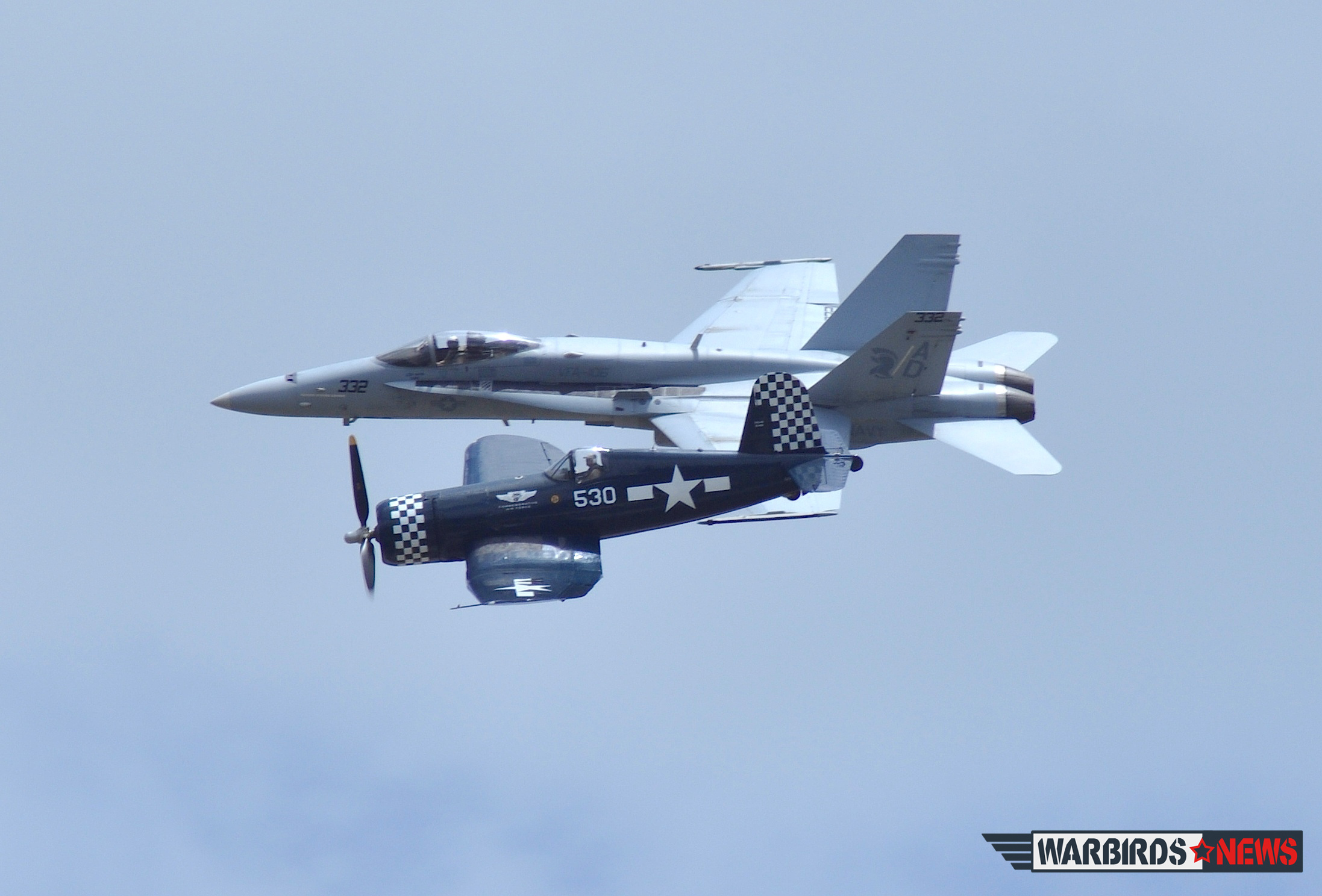 Following a hiatus since the sequester in 2011, the US Navy will begin performing their Heritage Flights at air shows across the USA beginning in 2016. This image shows the CAF Dixi Wing's FG-1D Corsair flying with a Navy F/A-18 Hornet at the NAS Atlanta show circa 2008. (photo by Moreno Aguiari)