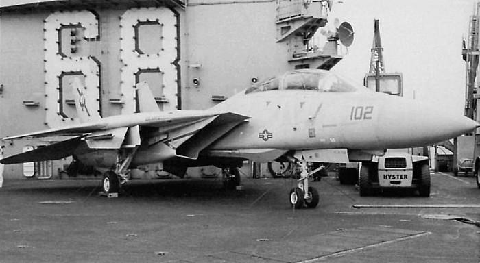 Fast Eagle 102, one of the two F-14 Tomcats on the deck of the USS Nimitz immediately following the incident. (Image via Wikipedia)
