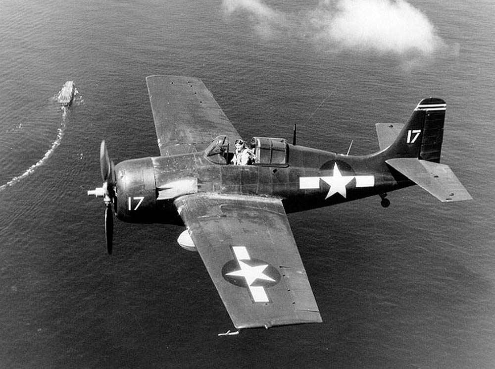 FM-2 Wildcat on combat air patrol over USS Santee (CVE-29) during the Leyte invasion - October 1944 ( Photo by US Navy)