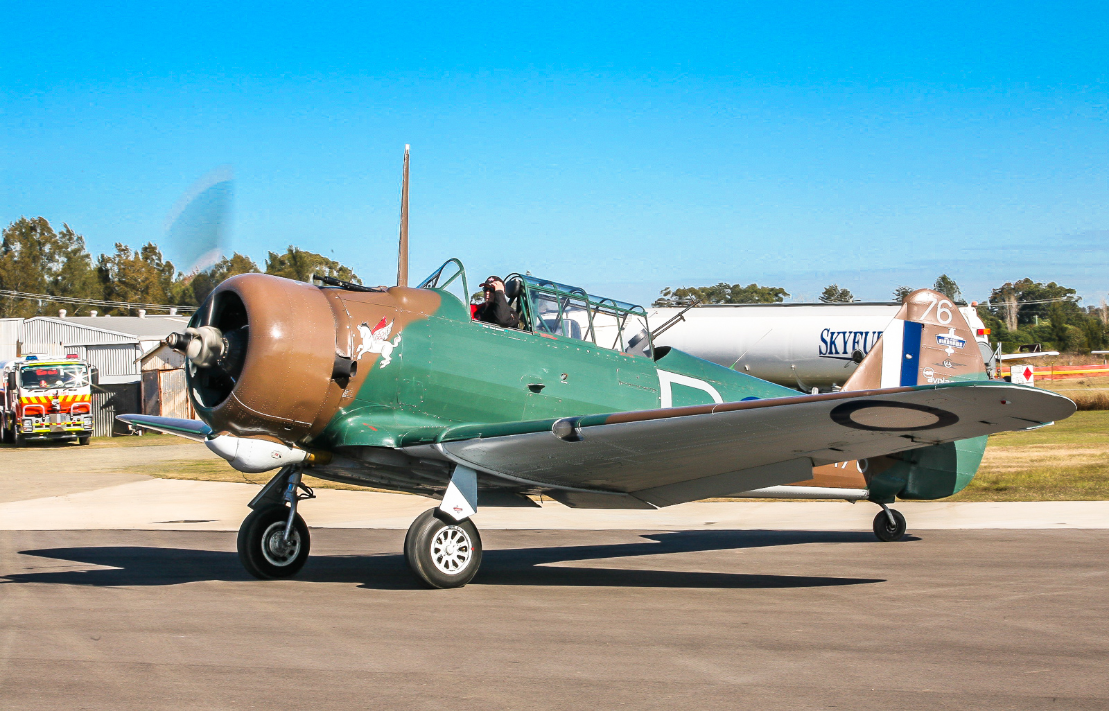 A CAC Wirraway taxiing before the crowd at the Maitland Air Show. (Phil Buckley photo)