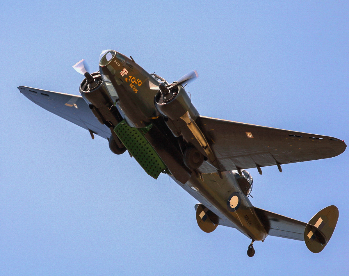 A great shot of the Lockheed Hudson strutting its stuff with bomb bay doors open. (photo by Phil Buckley)