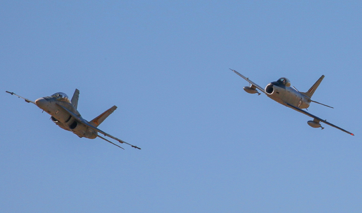 The 'Avon Sabre' in formation with a current-duty RAAF F/A-18B Hornet. (photo by Phil Buckley)