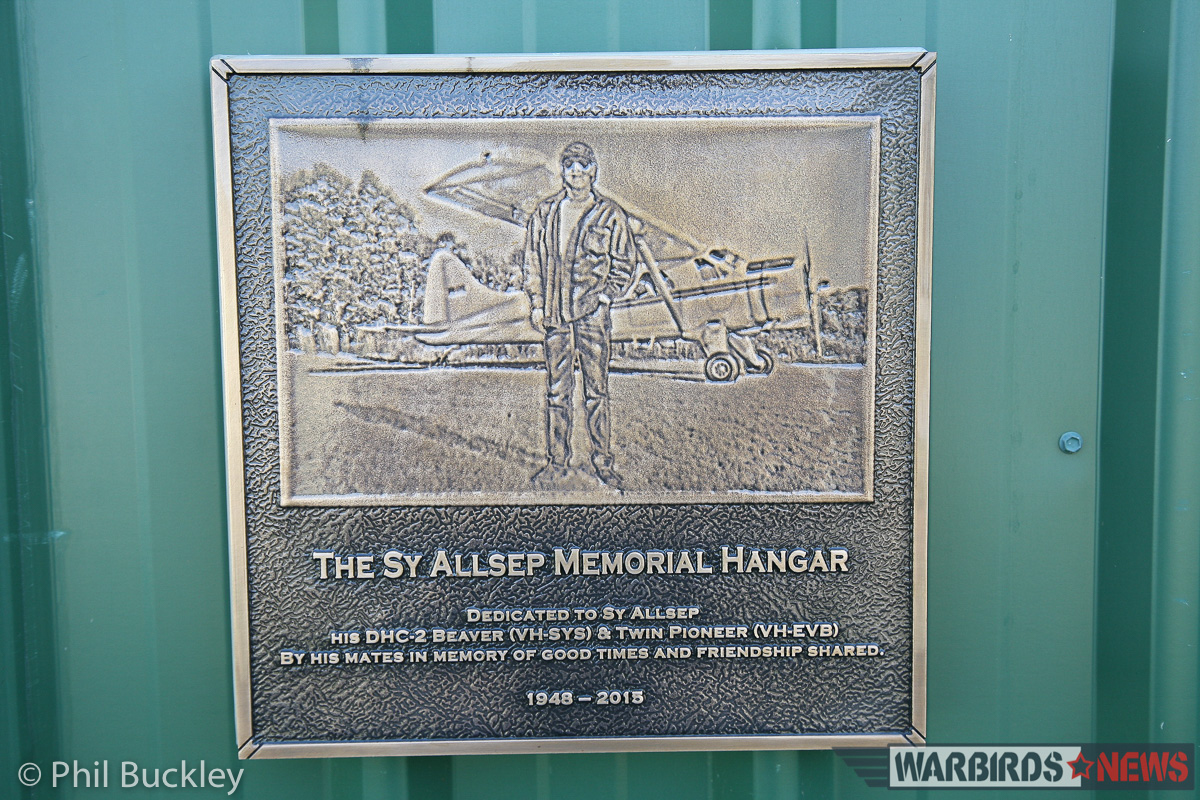 The memorial plaque to Sy Allsep whose dedication and love for Twin Pioneers ensured that VH-EVB and VH-EVC survive to this day. (photo by Phil Buckley)
