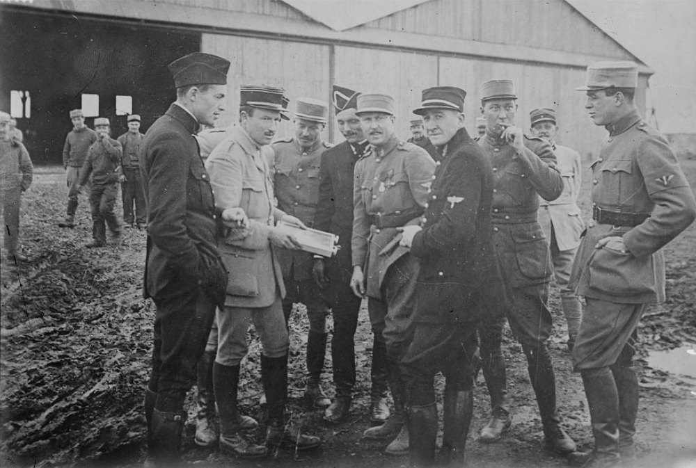 Kiffin Rockwell, Capt. Georges Thenault, Norman Prince, Lt. Alfred de Laage de Meux, Elliot Cowdin, Bert Hall, James McConnell and Victor Chapman (left to right)