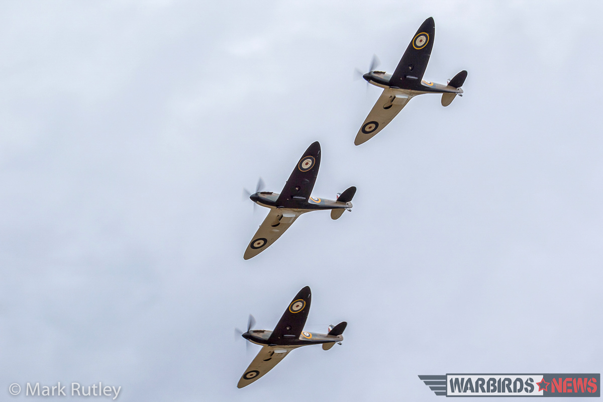 The Spitfires returning from their filming sortie in close formation. Note the unusual half-black, half-white undersides typical of early war RAF fighters. (photo by Mark Rutley)